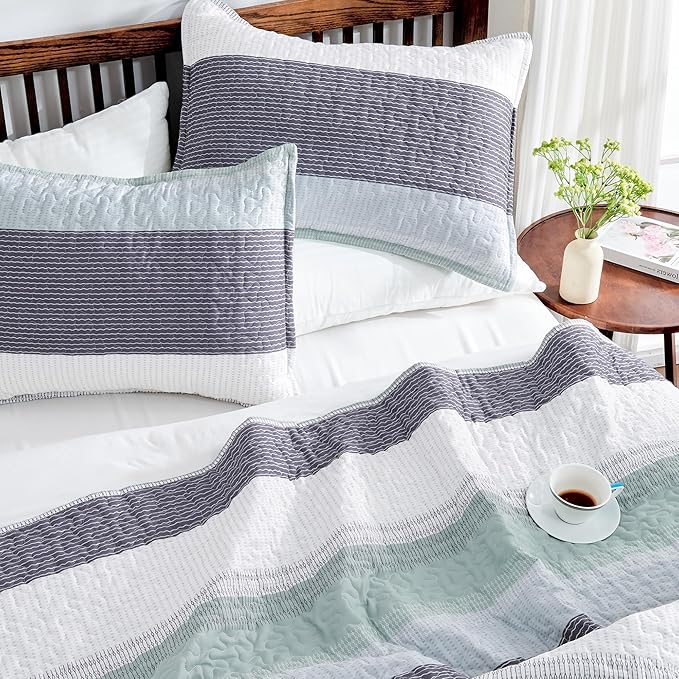 Andency Oversized King Quilt Set Sage Green, 128x120 Stripe Bedspread Coverlet - Image 3