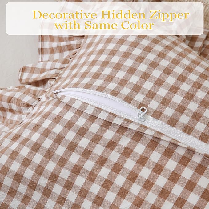 14x36 inches Taupe Plaid Ruffle Gingham Lumbar Throw Pillow Cover, Pure Cotton - Image 6