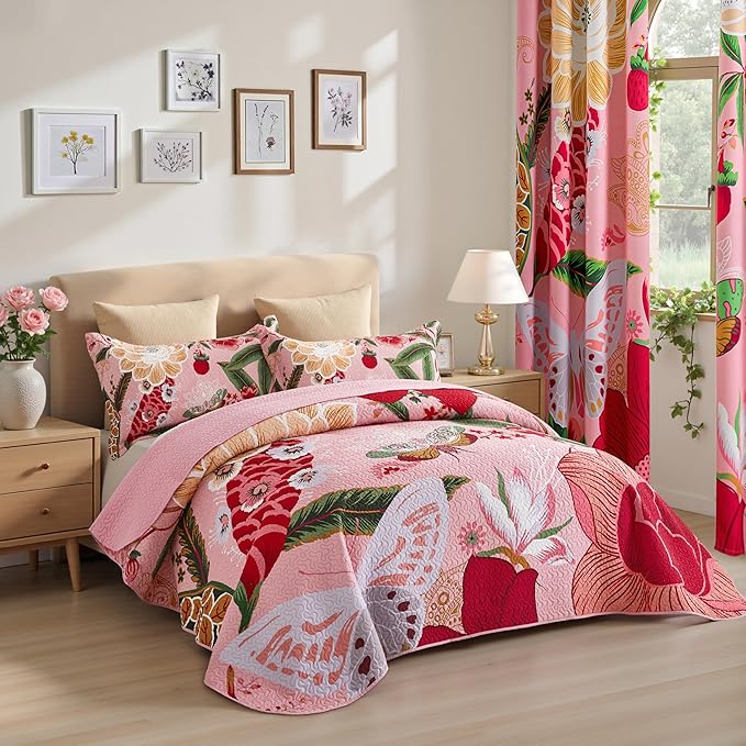 Tyrot 3 Piece Pink Boho Floral Full/Queen Quilt Sets Farmhouse Botanical - Image 2