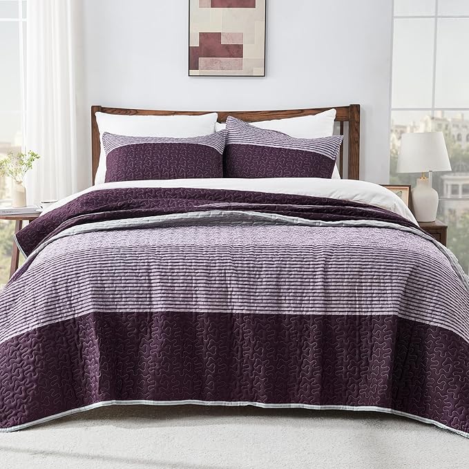 Andency Striped Quilt Set King, 3 Pieces Purple and Grey Striped Bedspread - Image 8
