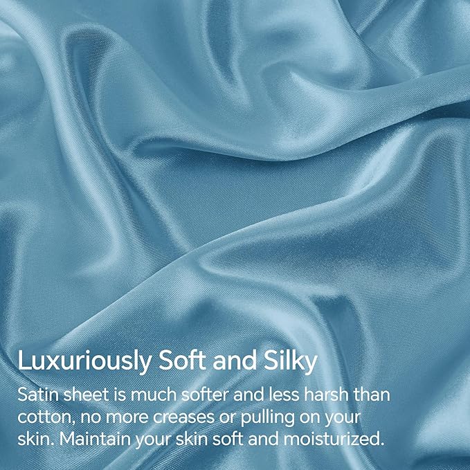BEDELITE King Size Sheets Set, Luxury Soft Airy Blue Satin Sheets - Image 3
