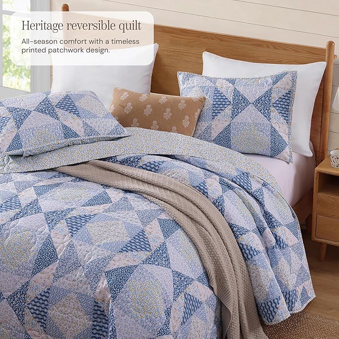 BLOOMHAVEN Quilt Set Twin Size, Patchwork Blue Marigold Floral Quilt Sets - Image 2
