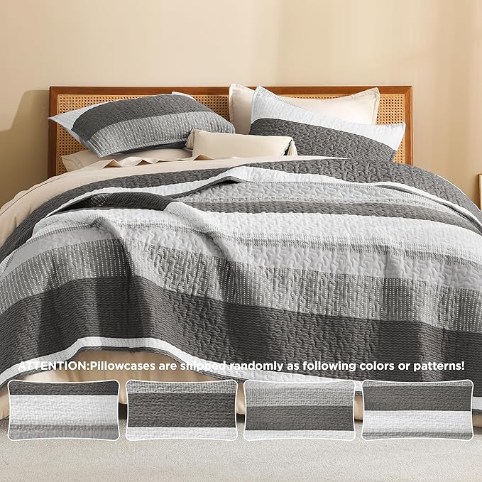 Litanika Oversized King Quilt Set Dark Grey, 120x120 Stripe Bedspread Coverlet - Image 5