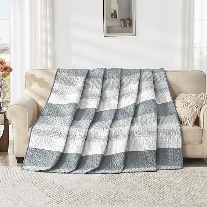 Andency Grey Striped Quilt Twin, 2 Pieces Patchwork Bedspread Coverlet Set - Image 9