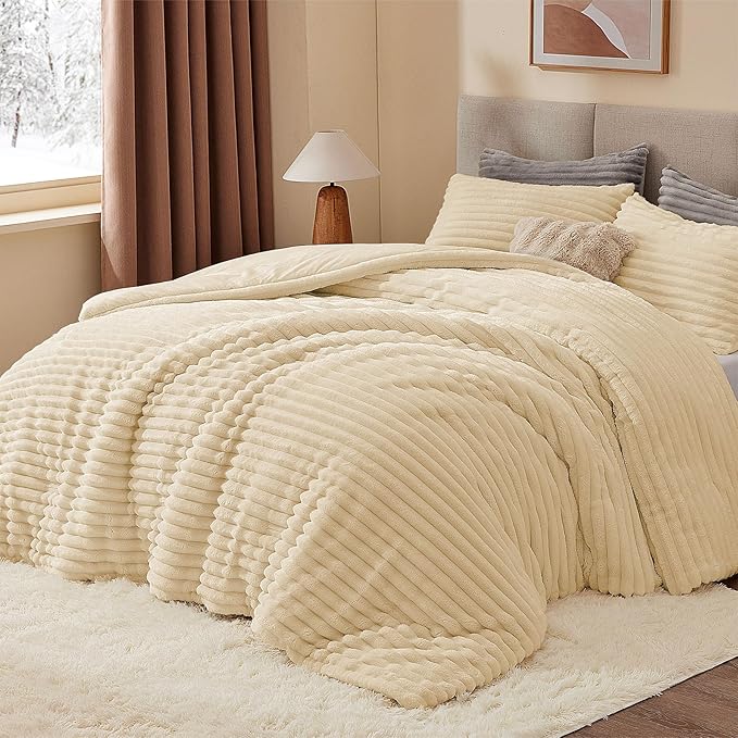 BEDELITE Fleece Queen Comforter Set -Super Soft & Warm Fluffy Beige Bedding - Image 2