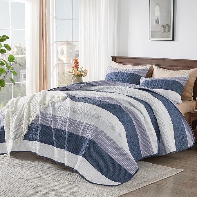 Andency Oversized King Quilt Set Mineral Blue, 128x120 Stripe Bedspread - Image 2