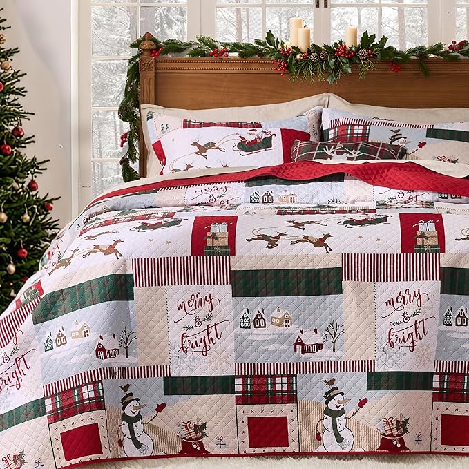 PPOLCA Christmas King Quilt Bedding Set, Snowman Printed Lightweight Reversible by PPOLCA