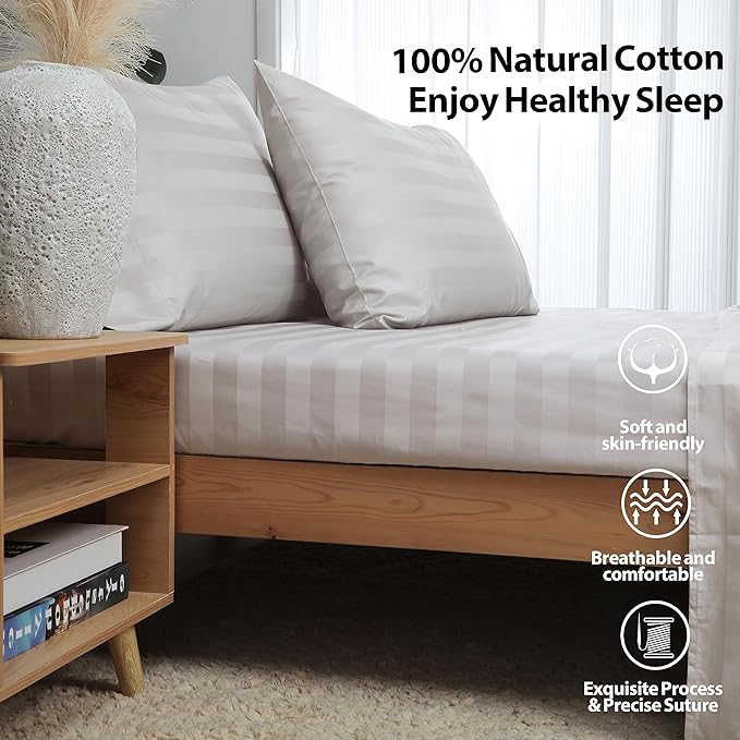 King Size Striped Fitted Sheet Only Light Beige Color, 100% Egyptian Cotton 600 - Image 4