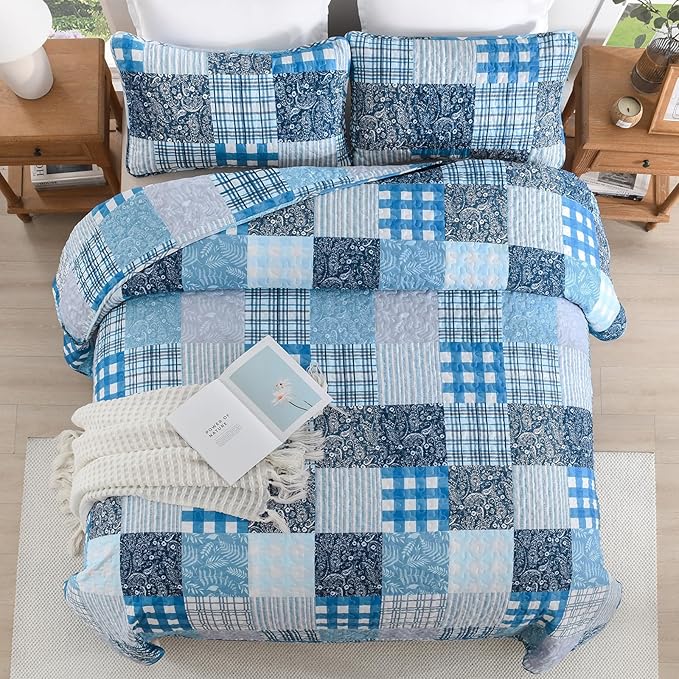 Xruibed Blue Quilt Set King Size 3 Pieces Plaid Floral Boho Bedspread Coverlet - Image 4