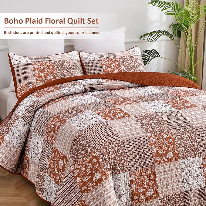 Mybedsoul Burnt Orange Quilt Set Queen Size, 3 Pieces Boho Plaid Terracotta - Image 2