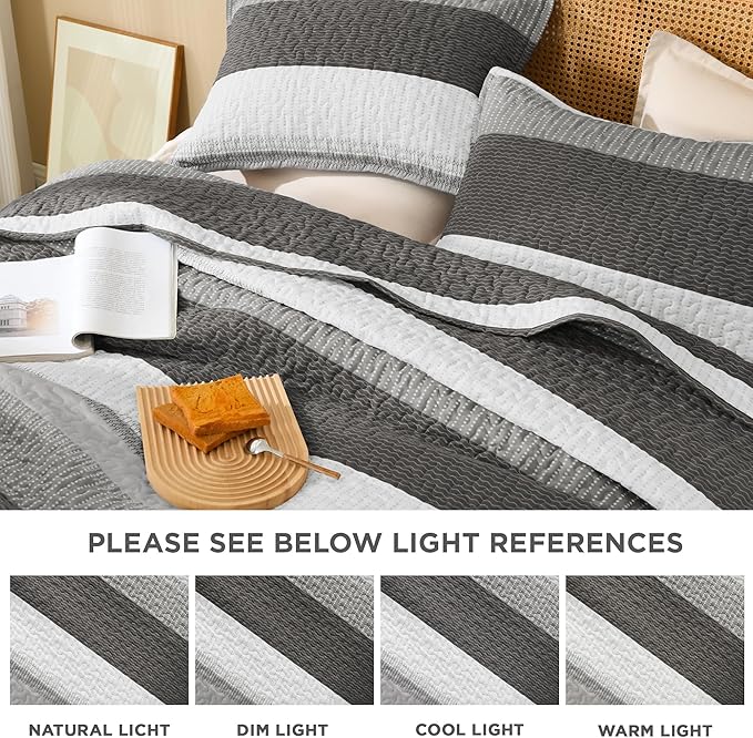Litanika Oversized King Quilt Set Dark Grey, 120x120 Stripe Bedspread Coverlet - Image 7