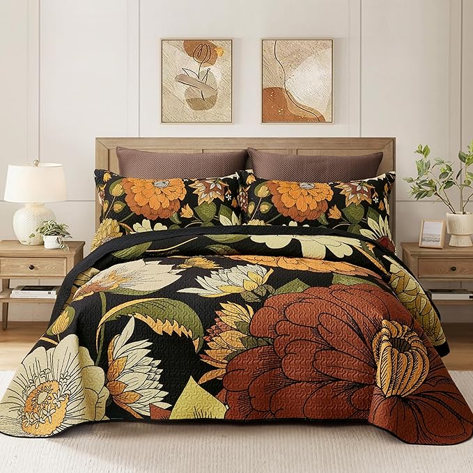 Tyrot 3 Piece Black Boho Floral King Size Quilt Sets Reversible Farmhouse by TyrotHomeDecor