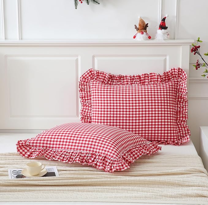 2 Pack Red/White Gingham Pillowcase 20x26 inches 100% Washed Cotton Ruffled - Image 2