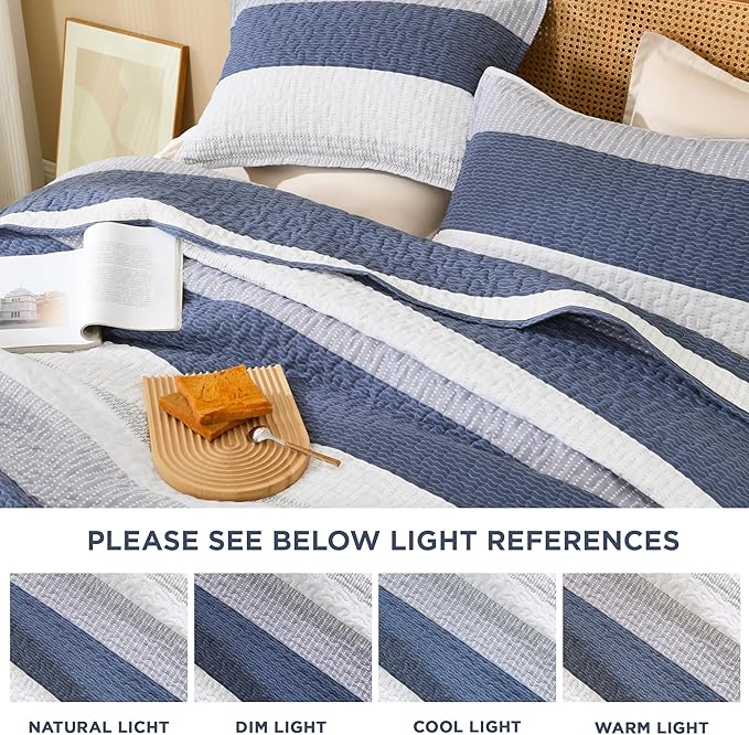 Litanika Oversized King Quilt Set Mineral Blue, 128x120 Stripe Bedspread - Image 7