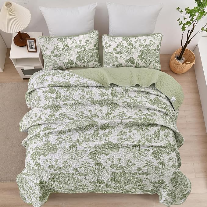 WONGS BEDDING Botanical Quilt Set Queen Size, Sage Green 3 Pieces Toile Floral - Image 3