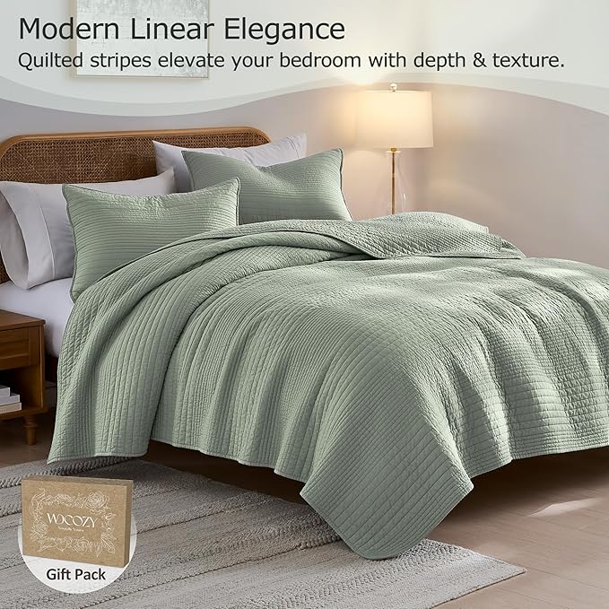 palassio Striped Sage Green 100% Cotton Quilt Twin Size Bedding Sets, - Image 2