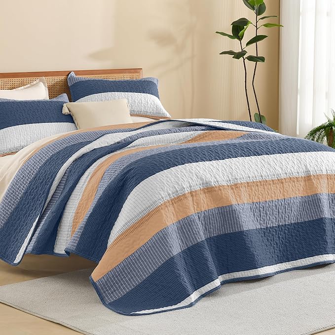 Litanika Quilt King Size BlueO, Stripe Patchwork Summer Bedspread Coverlet 3 by Litanika