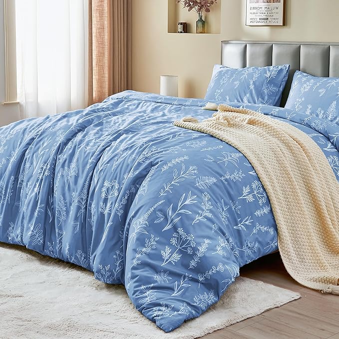 MUXHOMO Duvet Cover King Size, Reversible Floral Ice Blue Duvet Cover Set - Image 3