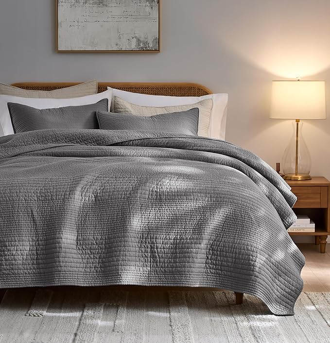 palassio Striped Dark Grey 100% Cotton Quilt King Size Bedding Sets, by PALASSIO