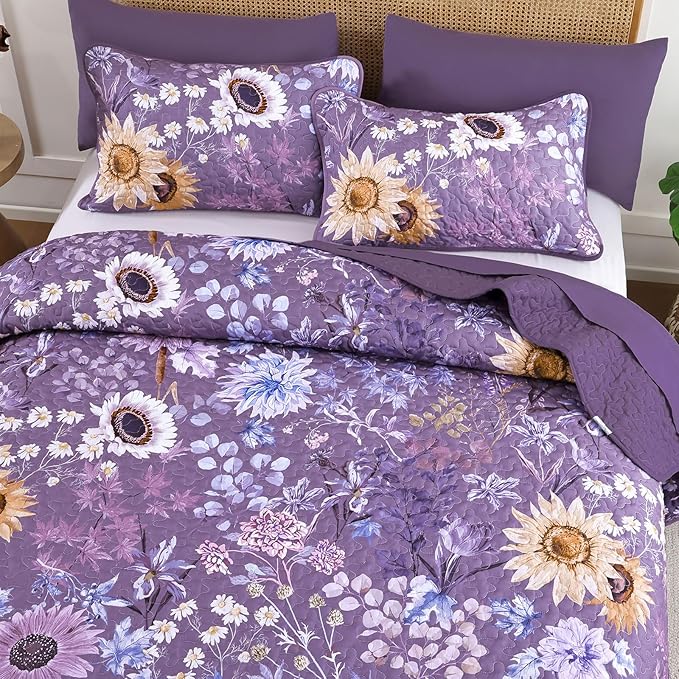 Yiran Purple Quilt Set Queen Size, Floral Bedspreads Bedding Set, 3 Pieces - Image 3