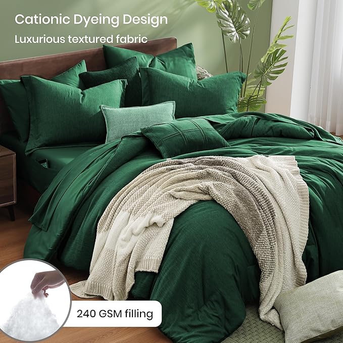 Monbix King Size Comforter Set, Emerald Green King Bedding Set Reversible - Image 3