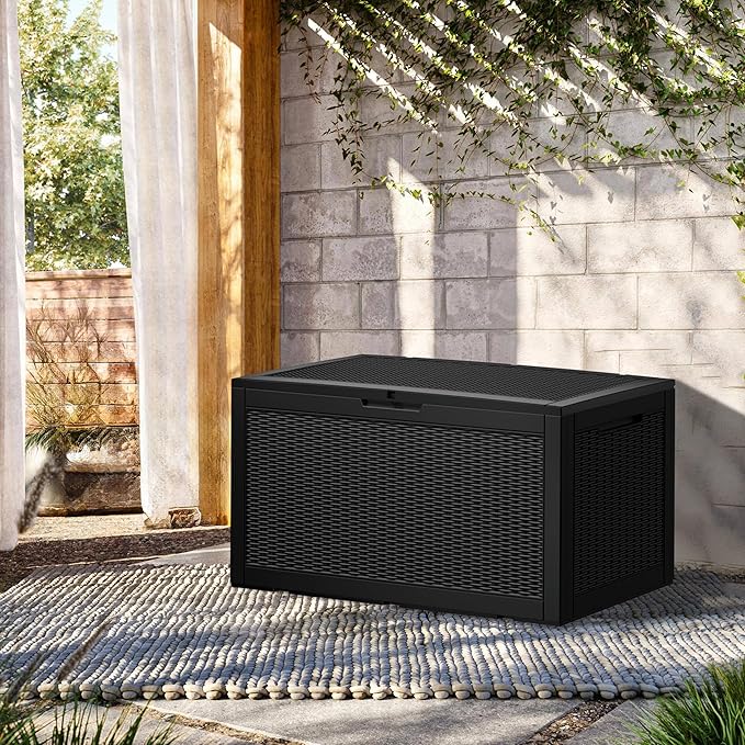 100 Gallon Resin Deck Box, Waterproof Outdoor Storage Bin for Patio Furniture, Pool Accessories, and Garden Tools, Lockable & UV-Resistant, Black-DeskoryOffice
