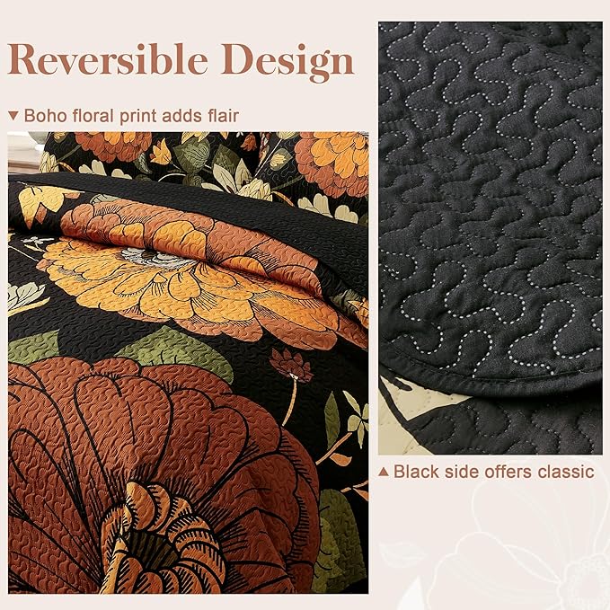 Tyrot 3 Piece Black Boho Floral Full/Queen Quilt Sets Reversible Farmhouse - Image 3