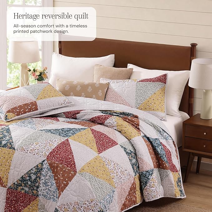 BLOOMHAVEN Quilt Set King Size, Patchwork Burnt Orange Floral Quilt Sets - Image 2