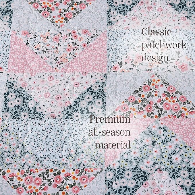 BLOOMHAVEN Quilt Set King Size, Patchwork Pink Floral Quilt Sets, Reversible - Image 6
