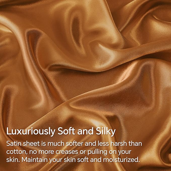 BEDELITE Satin Sheets Twin XL Size Bed Set, Luxury Soft Burnt Orange Silky - Image 3