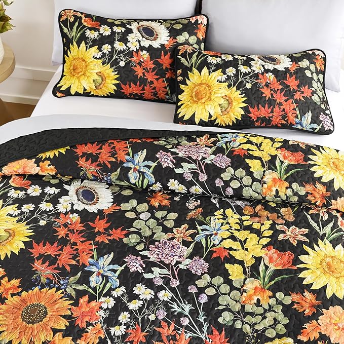 Yiran Black Yellow Full Size Quilt, Floral Bedspreads Bedding Set, 3 Pieces - Image 3