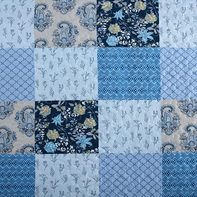 Xruibed Blue Quilt Set King Size 3 Pieces Plaid Floral Boho Bedspread Coverlet - Image 6