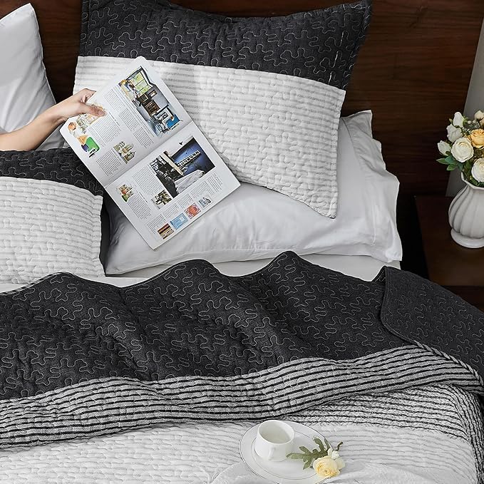 Andency Oversized King Quilt Set Black White, 128x120 Stripe Bedspread Coverlet - Image 4
