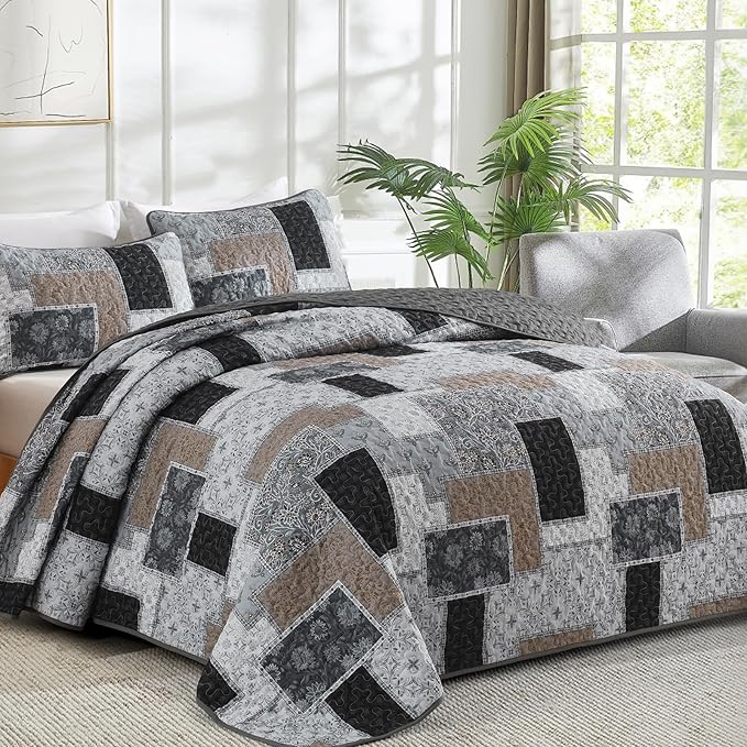 Xruibed Grey Quilt Set King Size 3 Pieces Plaid Floral Boho Bedspread Coverlet - Image 2