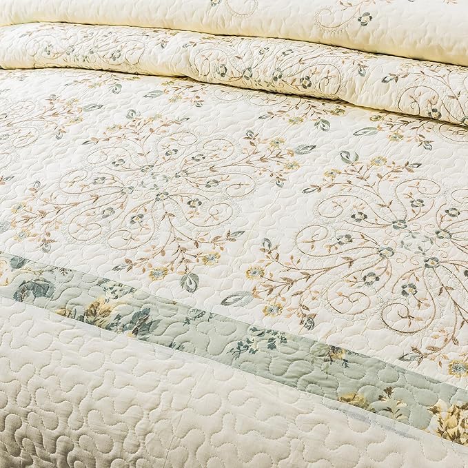 ROOMLIFE Quilt Set Full/Queen Size 3D Floral Embroidery Pattern 3-Piece Cotton - Image 6