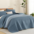 Litanika Oversized King Quilt Set Blue Linen, 128x120 Stripe Bedspread Coverlet by Litanika