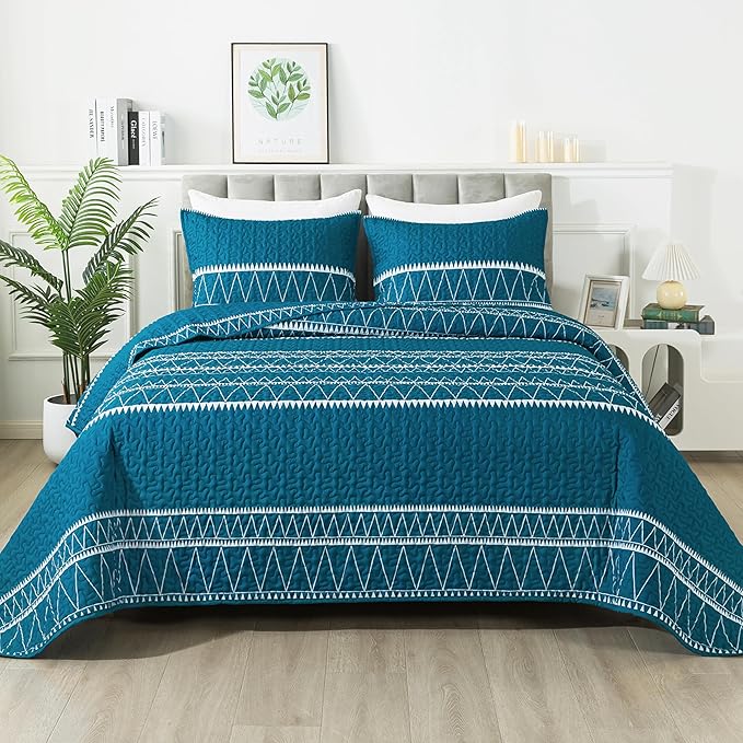 Andency Teal California King Quilt Set, 3 Pieces Boho Lightweight Soft Striped by Andency