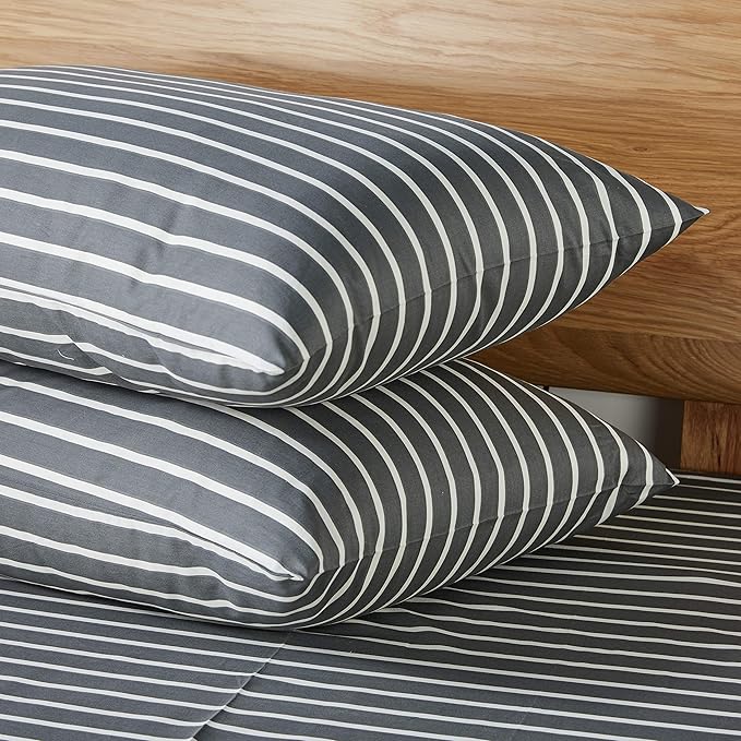 JELLYMONI 100% Natural Cotton 3pcs Striped Duvet Cover Sets, Dark Grey - Image 6
