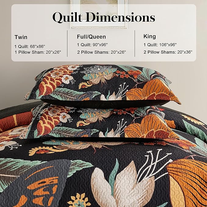 Tyrot 3 Piece Black Boho Floral Californial King Quilt Sets Reversible - Image 6
