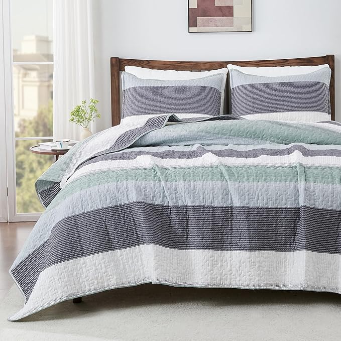 Andency Oversized King Quilt Set Sage Green, 128x120 Stripe Bedspread Coverlet by Andency