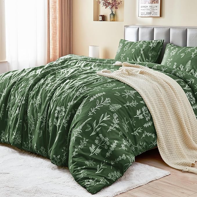 MUXHOMO Duvet Cover Queen Size, Reversible Floral Dark Green Duvet Cover Set - Image 2