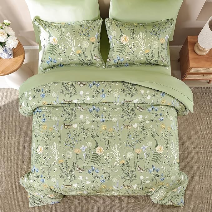 Yiran Sage Green Floral Comforter Set King Size, 7 Piece Botanical Comforter - Image 3