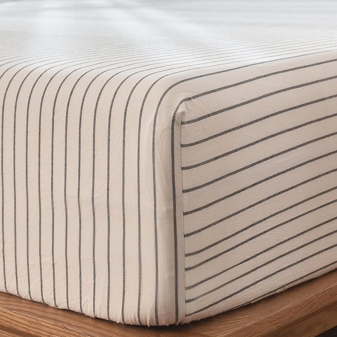 MooMee Fitted Bottom Sheet Only 100% Washed Cotton Linen Like Textured Breathable Durable Soft Comfy Deep Pocket Fits Mattress up to 17" (White Dark Grey Wide Stripes, King)