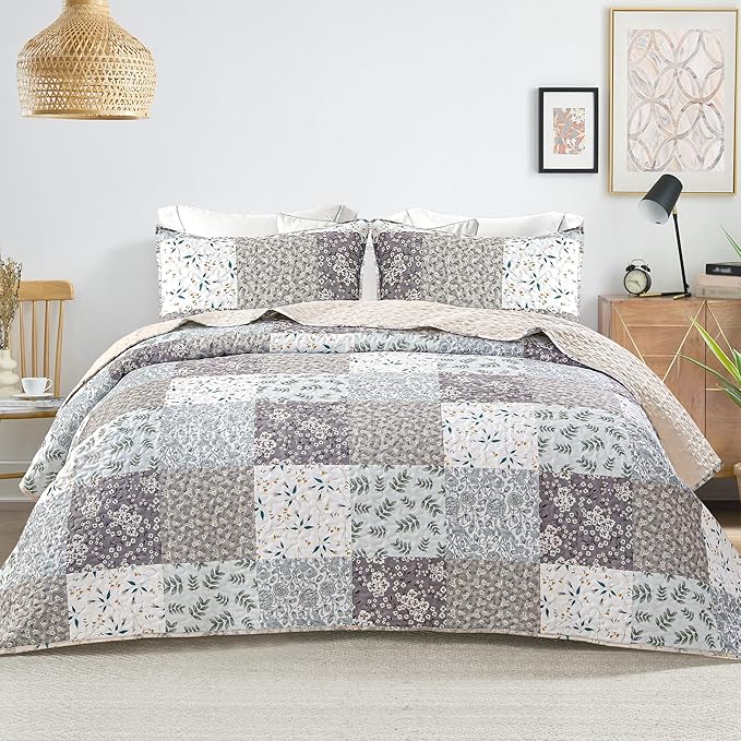 Whale Flotilla Patchwork Quilts Queen Size, Extra Soft Boho Floral Bedspreads by WHALEFLOTILLA