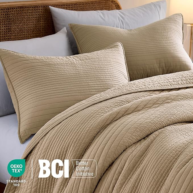 palassio Striped Dark Beige 100% Cotton Quilt Twin Size Bedding Sets, - Image 3