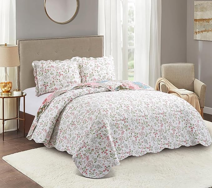 Brilliant Sunshine Peach and Olive Flowers Patchwork, 3-Piece Quilt Set - Image 2