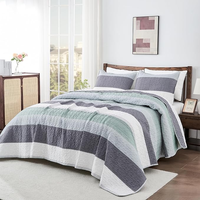 Andency Oversized King Quilt Set Sage Green, 128x120 Stripe Bedspread Coverlet - Image 6