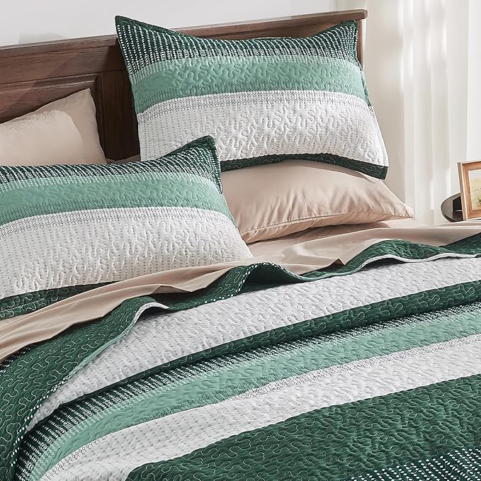 Andency Emerald Green Quilt Cal King, 3 Pieces Patchwork Striped Bedspread - Image 3