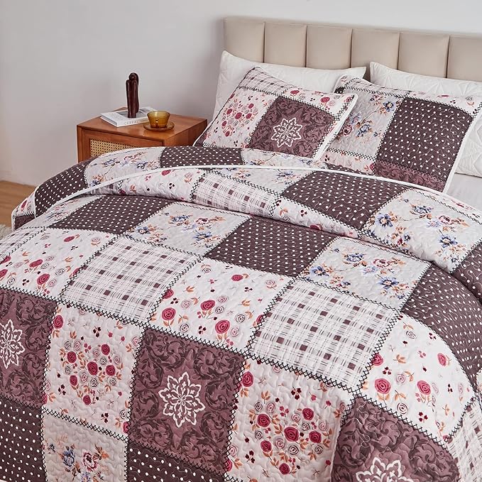 Patchwork Quilt Set Twin Size, 2 Pieces Brown White Floral Plaid Design Summer - Image 4