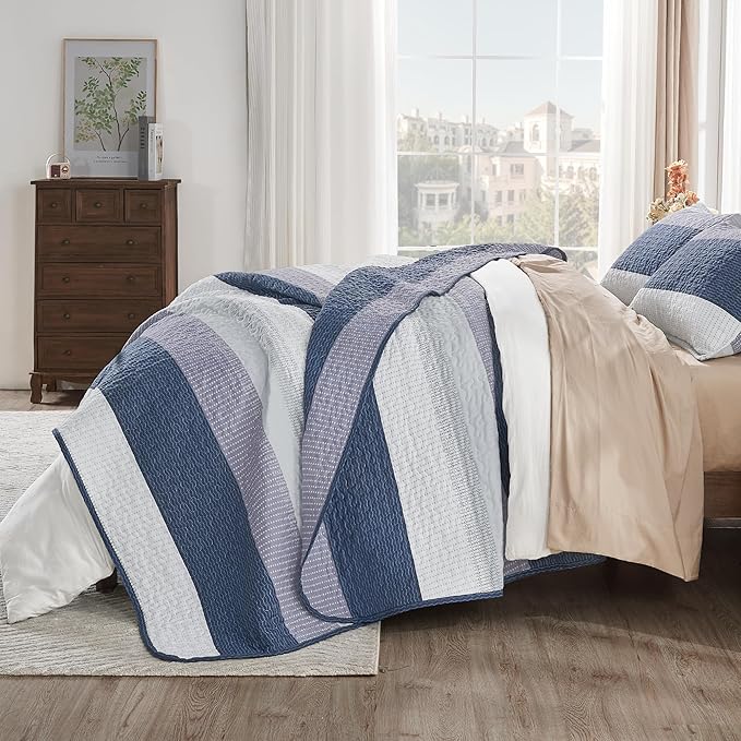 Andency Oversized King Quilt Bedding Set, 120x98Inch Mineral Blue Stripe - Image 3